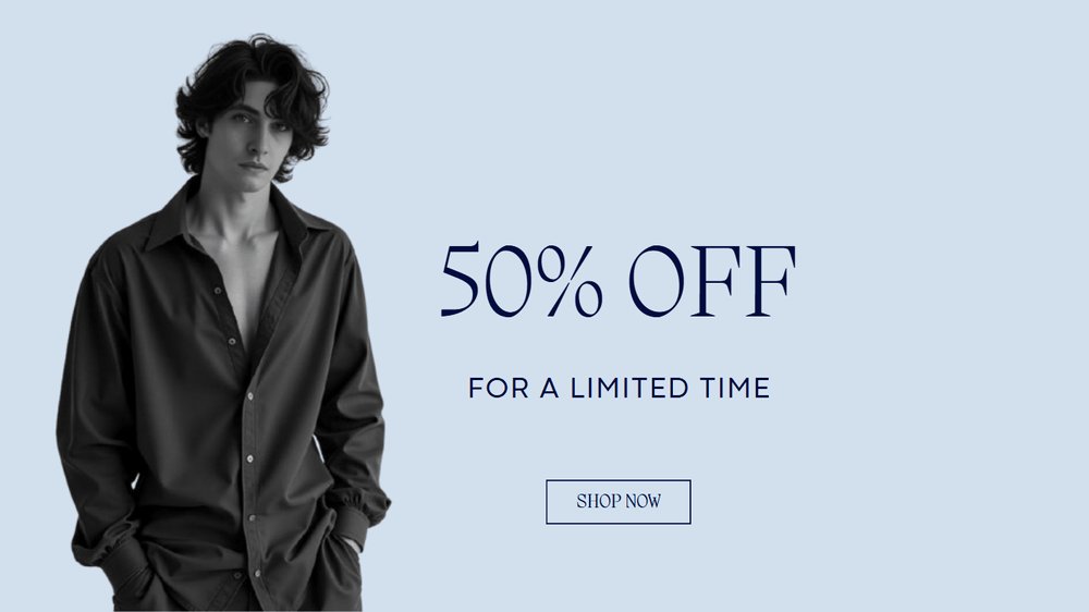 Man wearing a black shirt with promotional text for a 50% off offer on a light blue background